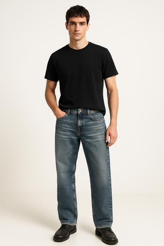 D dot Vintage Wash Straight Fit Jeans – Classic Blue Streetwear Denim